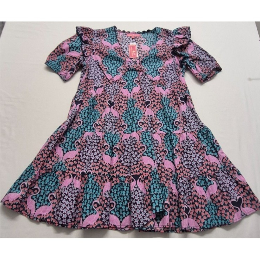 NWT Simply Southern women's pink/teal flamingo pattern dress SM ruffle sleeves